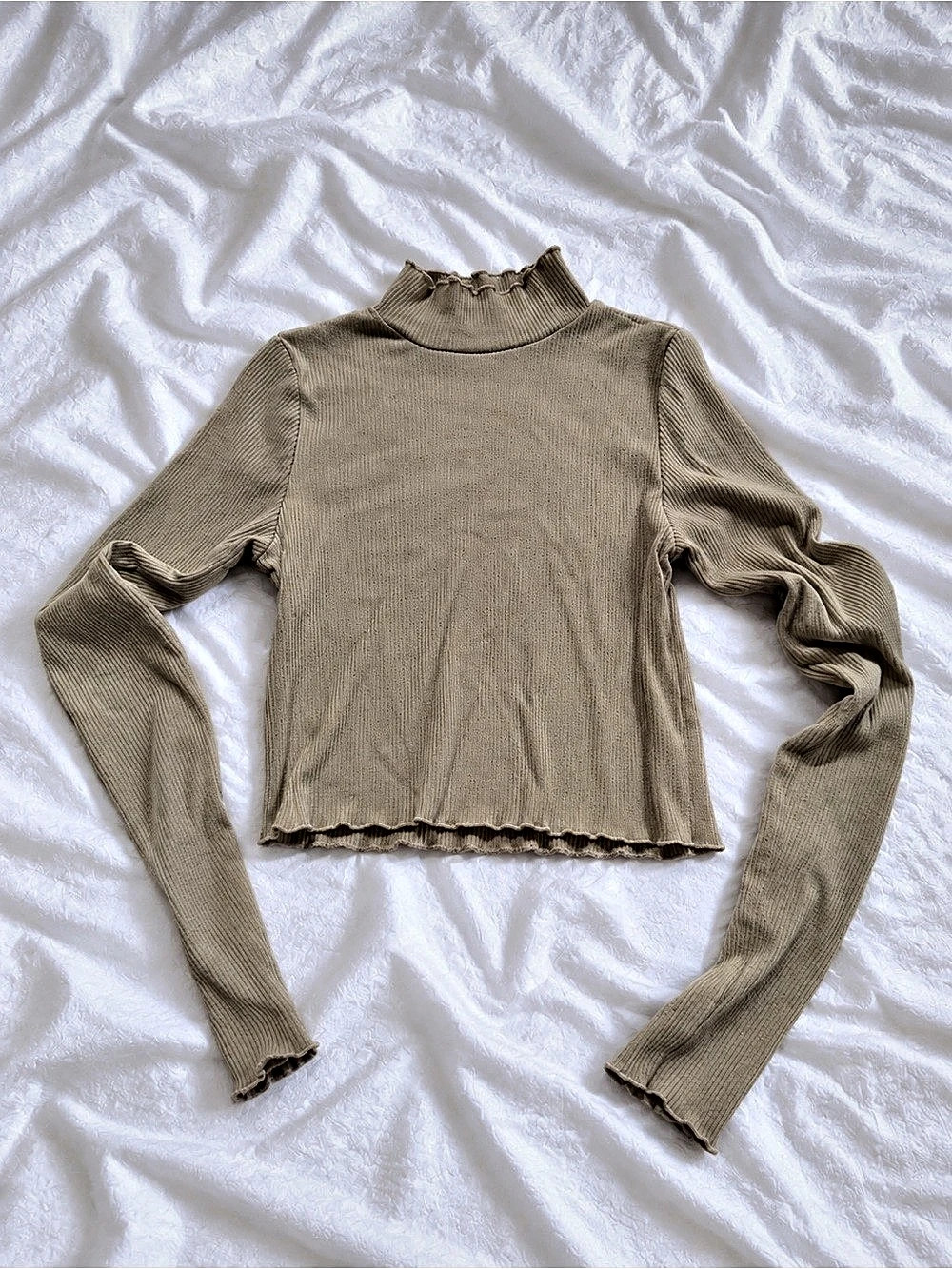 Aerie Cropped Long Sleeve Mock Neck Tee Ribbed Beige Medium